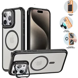 Anti Fingerprint Magnetic Acrylic Kickstand Phone Case For IP 15 Pro Max 14 Pro 13 12 11 Samsung S23 S24 PLUS S24 ULTRA Camera Lens Protection Matte Shockproof Case