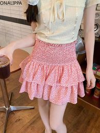 Skirts Onalippa Elastic Waist Floral Cake Skirt Multi Ruffles Kawaii Contrast A Line Korean Anti Glare Crotch Women Clothing