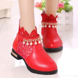 Boots JGSHOWKITO 2024 Autumn Winter Kids For Medium Big Girls Princess Children Lace Air Mesh With Beading Pendant Sweet