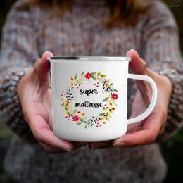 Mugs Super Maitresse In France Printed Enamel Coffee Cups Drink Wine Juice Mug Dessert Cocoa Milk Handle Cup Gift