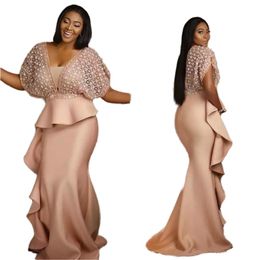 2021 Plus Size African Mermaid Prom Dresses V Neck Ruffles Peplum Short Sleeve Formal Evening Gowns Women Trumpet Special Party Dress 224S