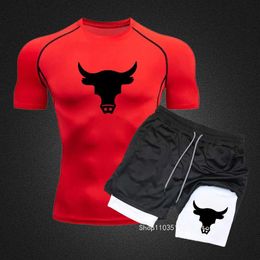 Men's Tracksuits Summer Mens Suit Fashionable Compression Sportswear Printed Short-slved T-shirt + Sports Casual Shorts Two-piece Set S-3XL Y240508