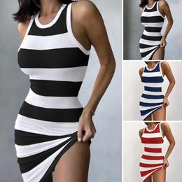 Casual Dresses Women Vest Dress Striped Print Mini For Slim Fit Bodycon Sundress With O-neck A-line Stretchy Summer Elegant