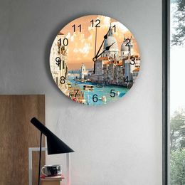 Wall Clocks Venice Building Water Boat Sunset Round Wall Clock Hanging Silent Time Clock Home Interior Bedroom Living Room Office Decor