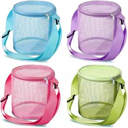 Sand Play Water Fun Mesh Beach Bag Outdoor Beach Mesh Bag Mesh Swimming Pool Bag Zipper Adjustable Shoulder Strap Mesh Round Bucket Swimming Sand ToyL2405