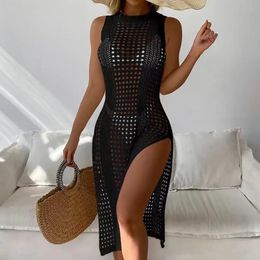 Women Summer Sexy Hollow Out Knitted Beach Cover Up Double Side Slits Dress Femme Beachwear Round Neck Sleeveless Clothes 240509