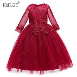 Girl's Dresses 2024 new year dress flower girl dress female baby elegant embroidery flower sequined mesh long-sleeved wedding dress Y240514