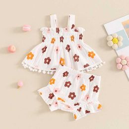 Clothing Sets 0-18months Baby Girl 2 Piece Summer Set Sleeveless Shirred Ruffled Floral Tops Frill Trim Shorts Infant Girls Outfits