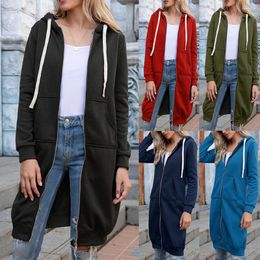 Women's Suits Womens Hoodies Coat Long Spring Women Thick Sweatshirt Zip-up Sleeves Drawstring Lady Jacket Outwear Tops