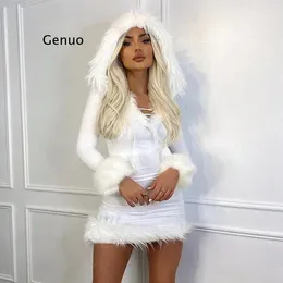 Casual Dresses Furry White Bodycon Mini Women Autumn Long Sleeve Hooded V Neck Dress Skinny Fuzzy Party Streetwear Winter