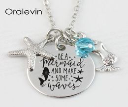 Whole BE A MERMAID AND MAKE SOME WAVES Engraved Disc Mermaid Pendant Charms Necklace Lover Gift Jewelry22MM 10PcsLotLN1096577745