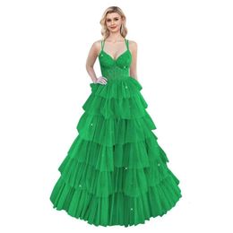 Spaghetti Straps V Neck Prom Dresses Lace Ball Gown for Women Layered Tulle Evening Gowns prom AMZ