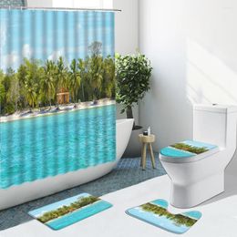 Shower Curtains Sea Beach Coconut Tree Curtain Summer Landscape Non-Slip Flannel Rug Toilet Cover Bathroom Set Bath Mat Home Indoor Decor