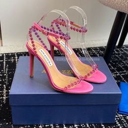 Aquazzura heels Rhinestone sandal ankle strap open toes stiletto High heels Dress shoes 100mmLuxury designer heeled evening party shoes Fuchsia yellow With box