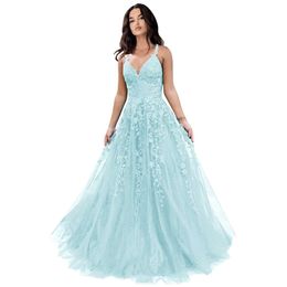 Tulle bain for Women 2024 Sparkly Lace Apliques longos vestidos de baile com tiras de espaguete A-line vestidos de noite Prom AMZ