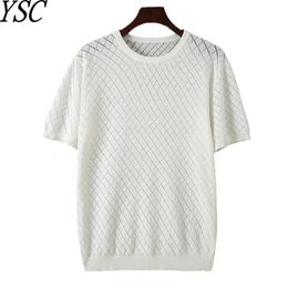 Men Knitted 100% pure cotton round neck T-shirt Short sleeve Hollow out style Breathable and comfortable high-quality Pullover 240510