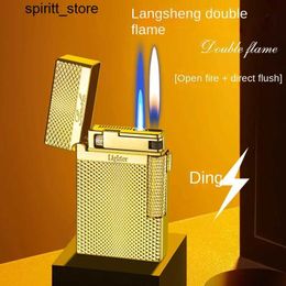 Lighters Retro Langsheng Double Fireproof Metal Turbo Lamp Butane Gas Lamp Cigar Lamp Mens Gift Small Tool 2024 New S24513
