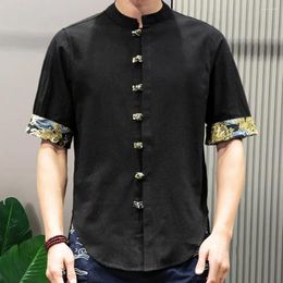 Men's Casual Shirts Chinese Style Stand Collar Printed Cuff Men Spring Shirt Short Sleeve Knot Buttons Irregular Hem Mid Length Cardigan Top