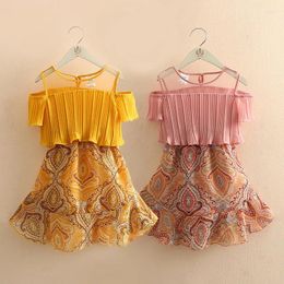 Girl Dresses 2024 Summer 3 4 6 8 10 12 Years Teenager Children Ethnic Print Wrap Off Shoulder Strapless Beach Baby Kids Girls Chiffon Dress