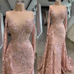 Classy Lace Long Sleeves Evening Dresses Sheer Bateau Neck Beaded Overskirt Prom Gowns Sweep Train A Line Plus Size Formal Dress 242f