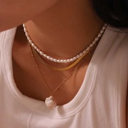 Beaded Necklaces Simple Dainty Baroque Pearl Freshwater Natural Pearl Pendant Necklace 18K Gold Plated Stainless Steel Bead Chain Necklace Gift d240514