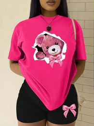 Pink Bow Broken Shell Teddy Bear T-Shirt Set Women Fashion Cotton 2 Piece Set Cool Summer Shorts Soft Fashion Short Sleeve Women 240514
