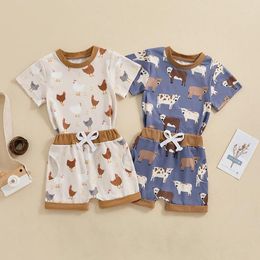 Clothing Sets FOCUSNORM 0-3Y Toddler Baby Boys Western Farm Clothes 2pcs Cartoon Animal Print Short Sleeve T-Shirt Elastic Waist Shorts