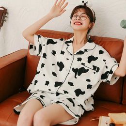 Home Clothing Cotton Pyjamas Cardigan Short Sleeve Shorts Summer Women Women's Nightwear For Cartoon Cow The