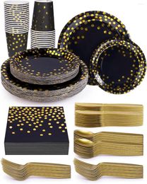 Disposable Dinnerware 224 Piece Party Supplies Black And Gold Plates Cups Napkins Set With Plastic Cutlery Spoons