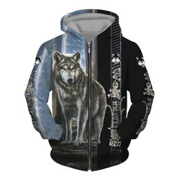 Men's Hoodies Sweatshirts 3D full set of wolf print mens hooded sweatshirt in street punk style with zipper and oversized jacket jacket fashionable and retro clothing