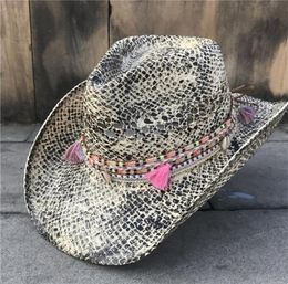 Women Straw Hollow Western Cowboy Hat Elegant Lady Tassel Sombrero Hombre Hat Fascinator Sunbonnet Cowgirl Sun Hat T2006052171878