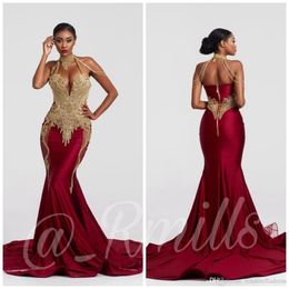 2020 Modern Burgundy Embroidery Tassel Mermaid Prom Dresses High Neck GOld Lace Applique Backless Evening Gowns BC3645 308R