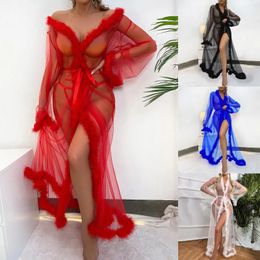 Home Clothing Women Fashion Sexy Tulle Robe Long Lingerie Nightgown Bathrobe Sleepwear Lace Mesh Up Transparent Breathable