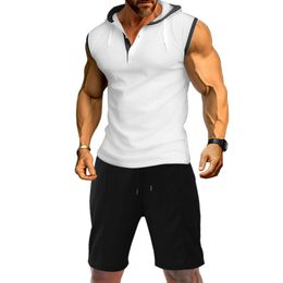 Sleeveless vest, shorts, T-shirt, solid Colour hooded tie up men's casual sports waffle set M514 49