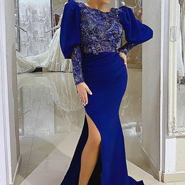 2021 Plus Size Arabic Aso Ebi Royal Blue Mermaid Prom Dresses Lace Beaded High Split Evening Formal Party Second Reception Gowns Dress 235u
