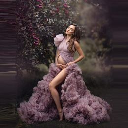 Elegant Purple Tulle Maternity Evening Dresses For Photo Shoot Front Slit Open Sleeveless Ball Gown Shawl Ruffles With Flares Custom Ma 189l