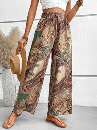 Women's Pants Capris Digital printed high waisted wide leg pants with ethnic style womens clothing elastic band Bohemian loose casual pants beach pants Y240509