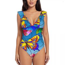 Women's Swimwear Women Stained Glass Bright Butterfly Foliage One Piece Sexy Ruffle Swimsuit Summer Beach Wear Slimming Bathing Suit