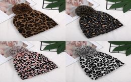 Leopard Print Knit Cap Women Pom Pom Ears Winter Warm Hat Beanie DoubleLayer Wool Ball Caps 4 Styles8590803