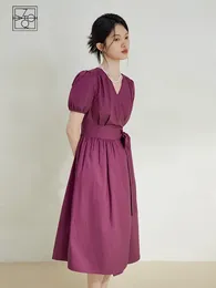 Party Dresses ZIQIAO French V-neck One-Piece Strappy Dress For Women Summer Solid Cotton Puff Sleeve Long Female Purple