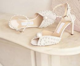 Women Wedding dress bride shoes White Satin Platform Sandals with AllOver Pearl Embellishment sandal high heel platforms chunky h4169373
