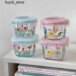 Storage Boxes Bins Ins floral printed food storage container mini glass sealed bowl lunch box food supplement bowl sealed leak proof and fresh-keeping bowl S24513