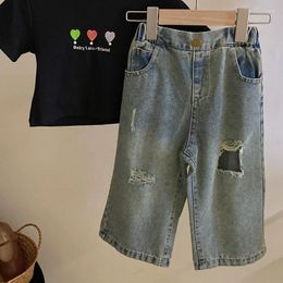 Trousers Kids Pants Causal Summer Girl Hole Jeans 2024 Elastic Waist Childrens Clothing Fashion Solid Cool Wide Leg