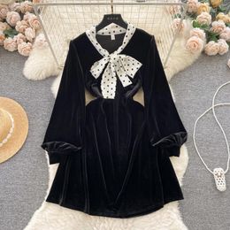 Casual Dresses Frenchic Vintage Dress For Women Autumn Velvet Lantern Sleeve Lace-up Bow Female Vestidos Knee-length Black Drop