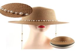 Stingy Brim Hats Straw Hat Female British Pearl Fashion Party Flat Top Chain Strap And Pin Fedoras For Woman A Streetstyle Shooti9682897