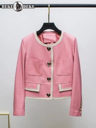 Spring Women Elegant Short Pink Sheespkin Genuine Leather Jacket Hearts Buttons Office Ladies Soft Real Work Coat 240508