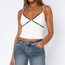 Women's Tanks HEZIOWYUN Vintage Summer Slim V-Neck Tops Lace Trim Contrast Color Spaghetti Strap Vest Show Navel Cropped Camisoles
