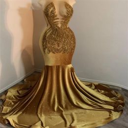 Sparkly Golden Velvet Beading Sequins Mermaid Prom Dresses 2023 For Black Girls Sheer Neck Formal Party Dress Robes De Bal 312O