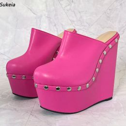Sukeia Handmade Women Platform Pumps Wedges High Heels Round Toe Beautiful Fuchsia Party Shoes Ladies US Plus Size 4-15