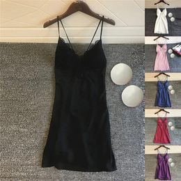 Women's Sleepwear Women Sexy Pyjamas Solid Colour Camisole Nightdress Silk Home Wear Lace Sleeping Dress